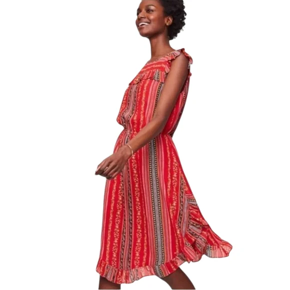 LOFT Dresses Loft Sleeveless Red Floral Round Hem Ruffle Midi